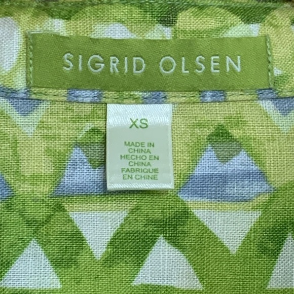 Sigrid Olsen | 100% Linen Green White Mixed Print Button Down Collared Shirt XS - Picture 5 of 17